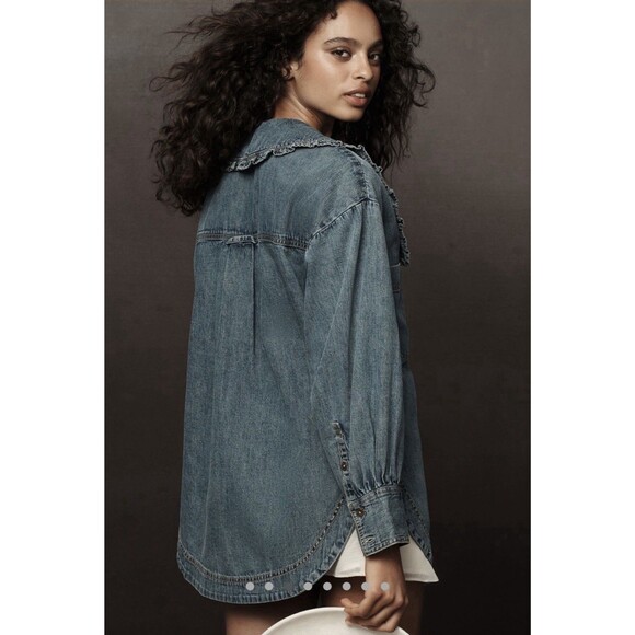 Anthropologie PILCRO Frill-Collar Blue Denim Buttondown Shirt 100% Cotton Sz 1X - Picture 2 of 8